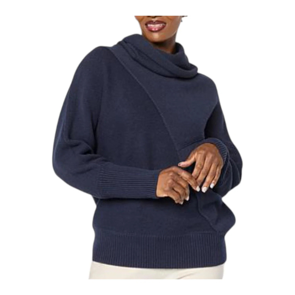 WynneCollection Women's Seaming Detail Cowl-Neck Sweater Navy - Regular